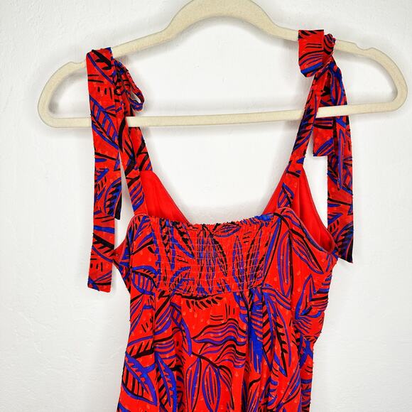 Alexis x Target Tropical Leaf Tie Shoulder Red Blue Handkerchief Midi Dress XS - Picture 9 of 16